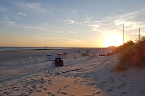 Ein Strand mit einer Reihe von Liegestühlen und Sonnenschirmen, einem Rettungsturm und freiem Blick auf den Ozean.