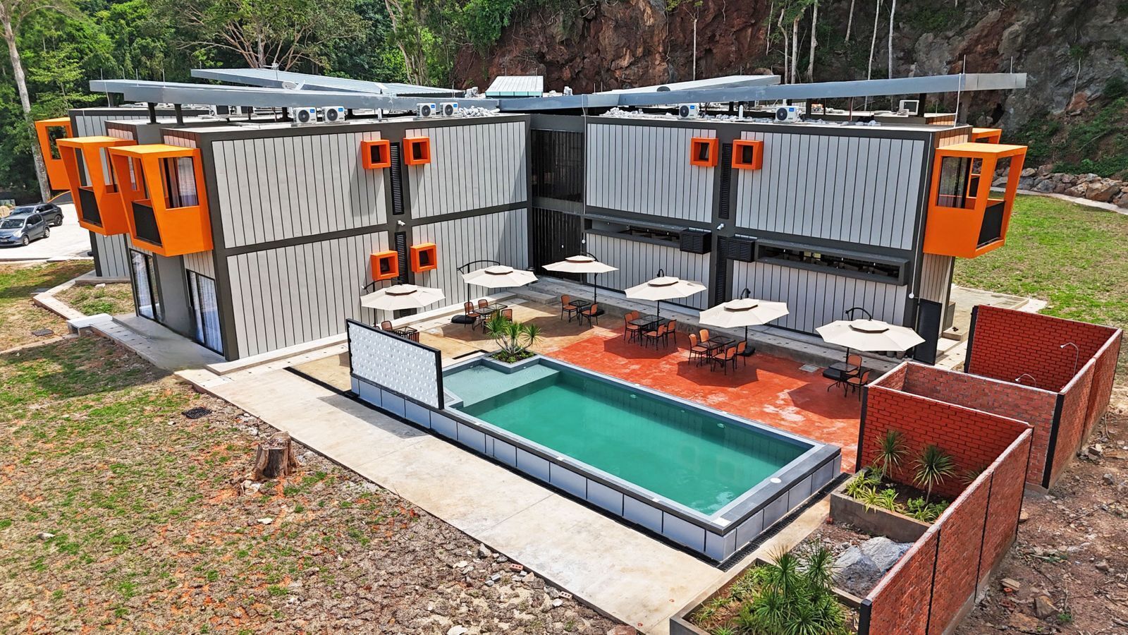 Outdoor pool, pool umbrellas, pool loungers