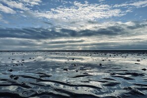 Ein Strand mit bewölktem Himmel und ruhiger See.