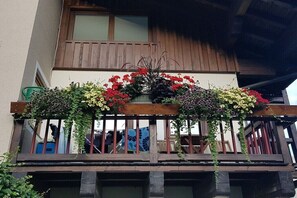 Un balcó amb barana de fusta, plantes en testos i un terrat de fusta.