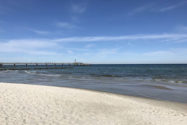 Ein Strand mit einem Steg, der ins Wasser führt.