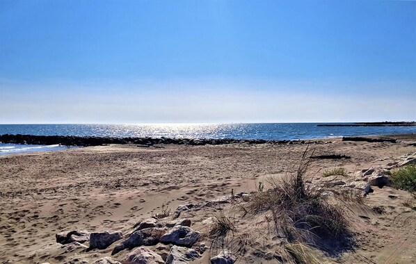 Ein Strand mit felsigem Ufer und blauem Himmel.