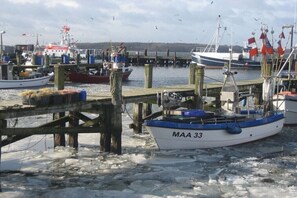 Ein Hafen mit vertäuten Booten, hölzernen Stegen und blauem Himmel.