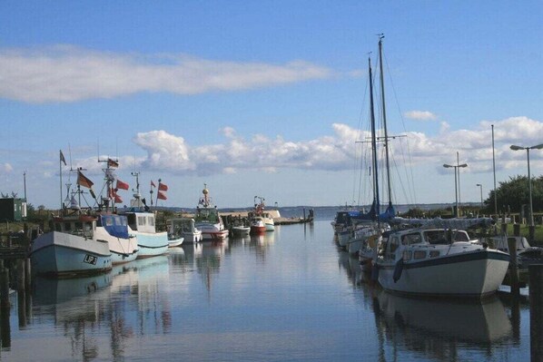 Un port de plaisance où sont amarrés différents types de bateaux, avec une eau calme et un ciel dégagé.