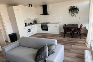 A compact living space with a sofa, a dining table with chairs, a kitchen area with appliances, and a hanging plant. - 1A5 Family Moritz Koopman (Petten)