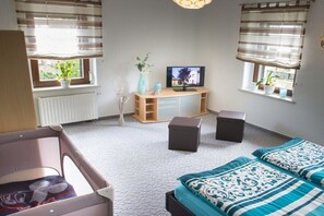 A room with a bed, a desk, a TV, two windows with curtains, and a radiator. - "At the castle park" (Bertsdorf-Hörnitz)