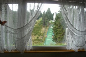 Ein Fenster mit weißen Vorhängen und Blick auf einen grünen Weg durch einen Wald.