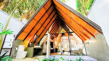 Deluxe Double Room, River View | Bathroom | Separate bathtub and shower, hair dryer, slippers, towels