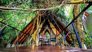 An A-frame structure with a wooden floor, surrounded by dense foliage.