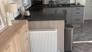 A modern kitchen with grey cabinets, a built-in microwave, a stove, and a radiator. - Chalet 193 (for 4 persons) (Petten)