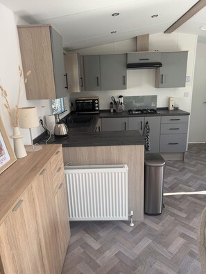 A modern kitchen with grey cabinets, a built-in microwave, a stove, and a radiator. - Chalet 193 (for 4 persons) (Petten)