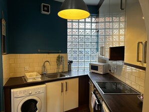 Une cuisine équipée d’un lave-linge, d’un four à micro-ondes, d’un évier et d’une fenêtre donnant sur un paysage agréable.