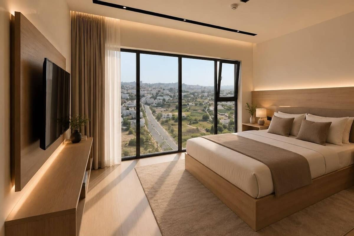 A modern bedroom with a large bed, a TV, a nightstand, and a view of a cityscape through large windows.