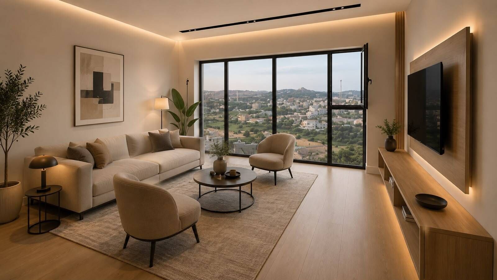 Junior Suite, City View | Living area | 55-inch flat-screen TV with satellite channels, heated floors