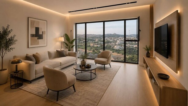 A modern living room with a sofa, armchairs, a coffee table, and a TV mounted on the wall.