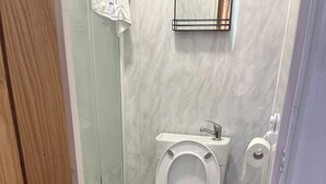 Ein Badezimmer mit Toilette, Dusche und Waschbecken.