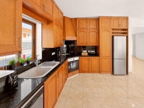A modern kitchen with wooden cabinets, a stainless steel refrigerator, and a window with potted plants. - Delina Coastal Villa Steps from Everything (Protaras)