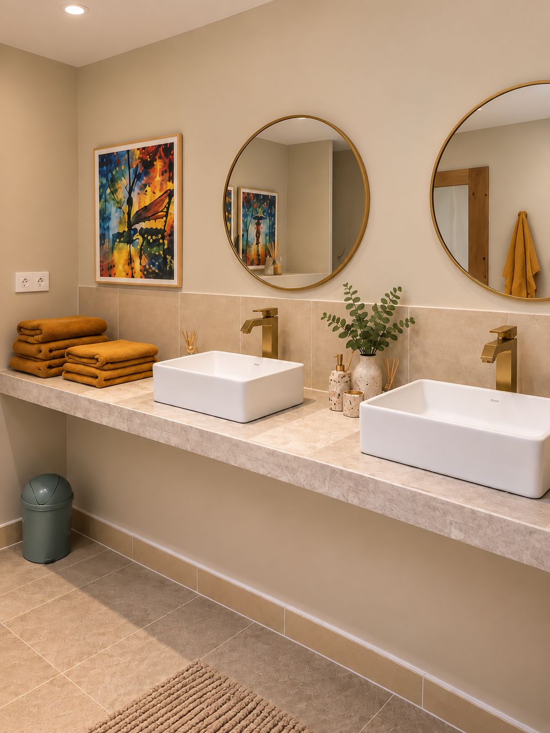 A bathroom with two sinks, a mirror, and artwork on the wall.
