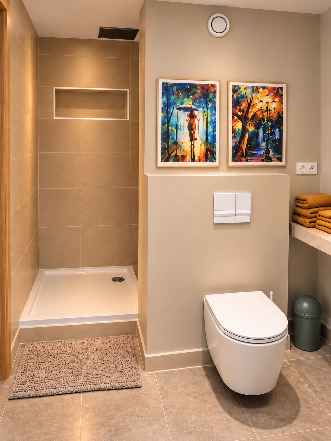 A modern bathroom with a shower, toilet, and two framed paintings on the wall.