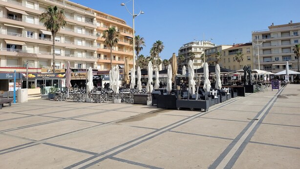 Una plaza pública con mesas al aire libre, palmeras y edificios altos al fondo.