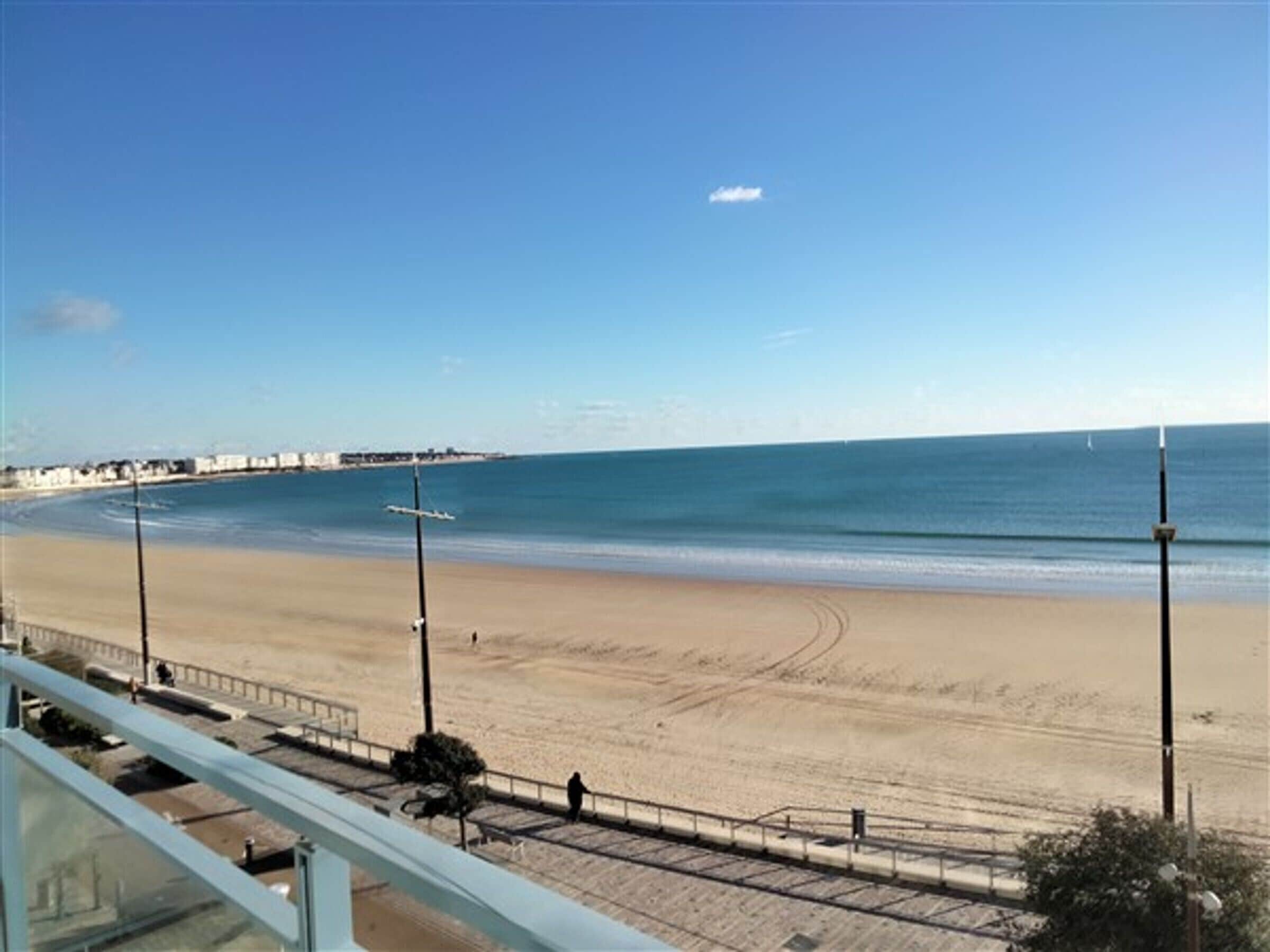 A beach view with a clear sky, a sandy shore, and a distant coastline.