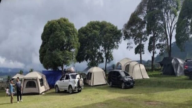 Un camping con tiendas de campaña y coches aparcados en un campo cubierto de césped.