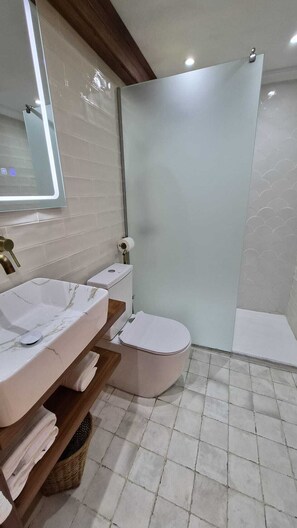 A bathroom with a vanity, toilet, and shower area. - Dar Almassir (Chefchaouen)