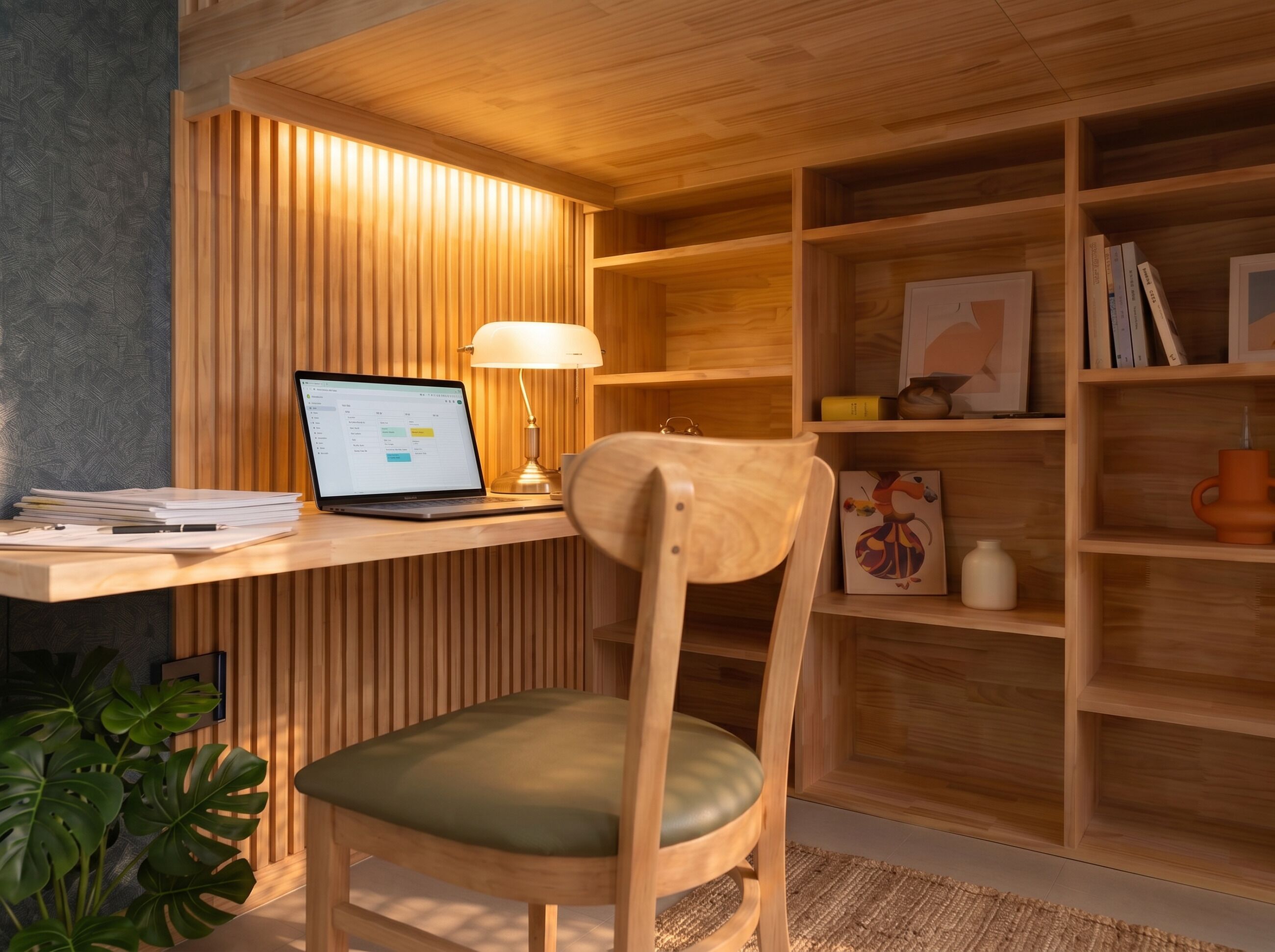 A wooden desk with a laptop, a lamp, and a chair with a cushion.