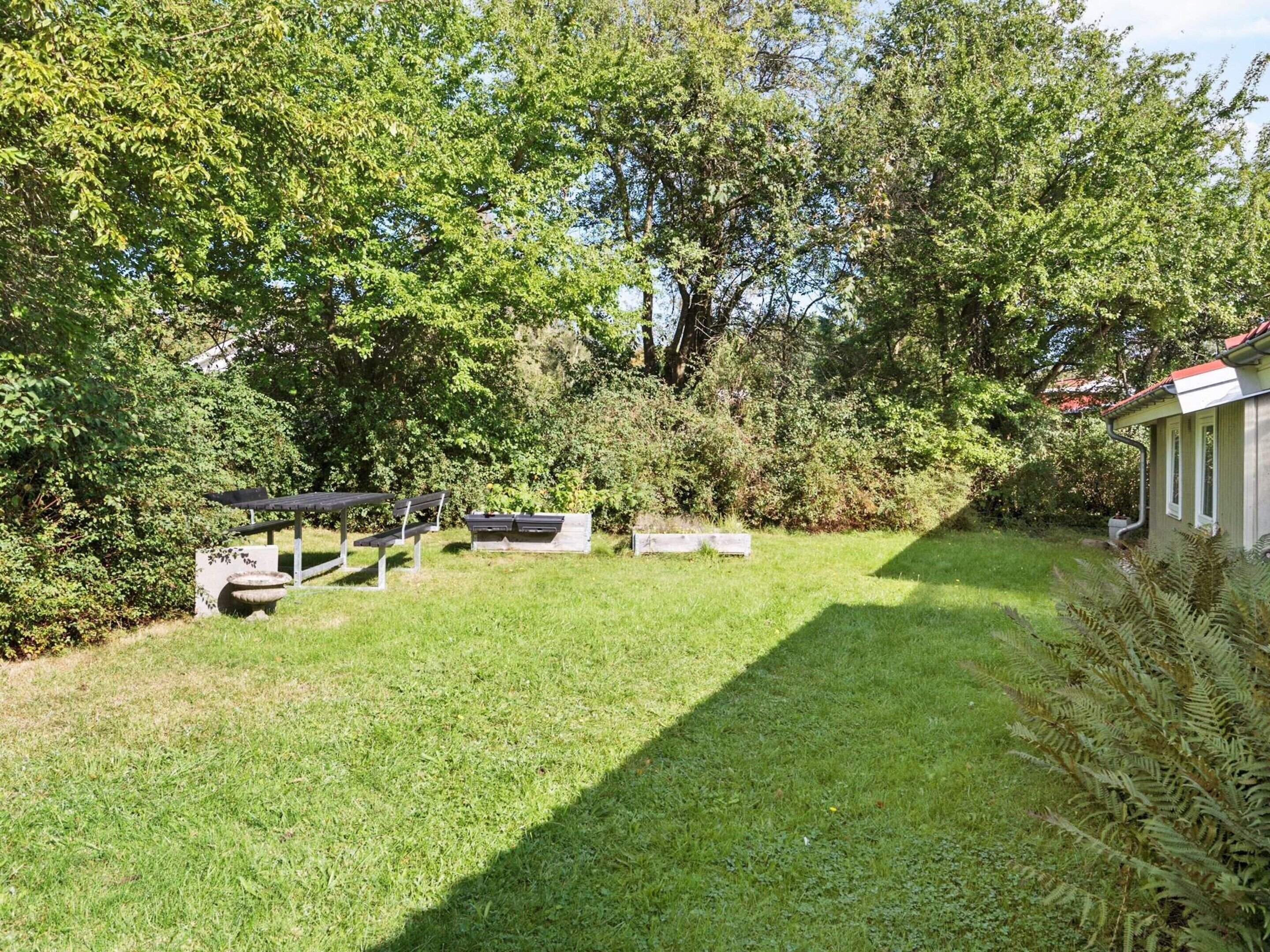 A grassy yard with a gazebo, benches, and a small shed.