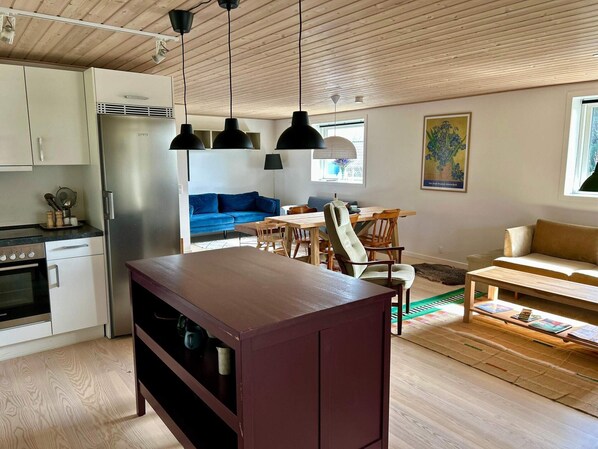 A modern kitchen with a built-in oven and refrigerator, a dining area with wooden furniture, and a living room with a blue sofa and a beige couch. - 4 Star Holiday Home in Oro (Orø)