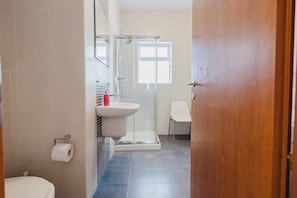 Une salle de bain avec douche, toilettes et lavabo.