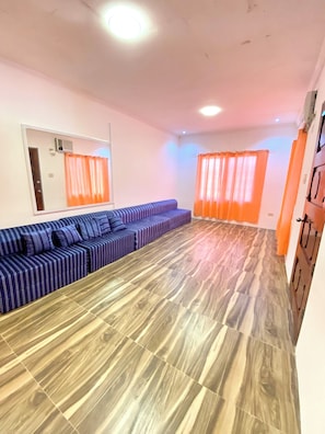 A room with a sofa, a mirror, a ceiling light, and orange curtains.