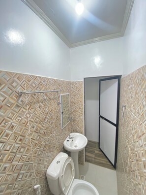 Une salle de bain comprenant des toilettes, un lavabo et un espace douche, avec des carreaux aux motifs géométriques et un plafond blanc.