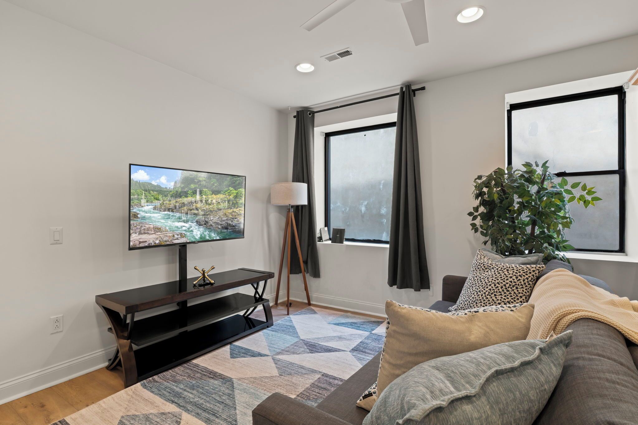 A modern living room with a flat-screen TV, a dark wooden entertainment unit, a patterned rug, a sofa with multiple cushions, and a large window with curtains.