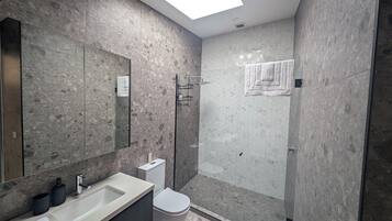 Shower, hair dryer, towels, soap