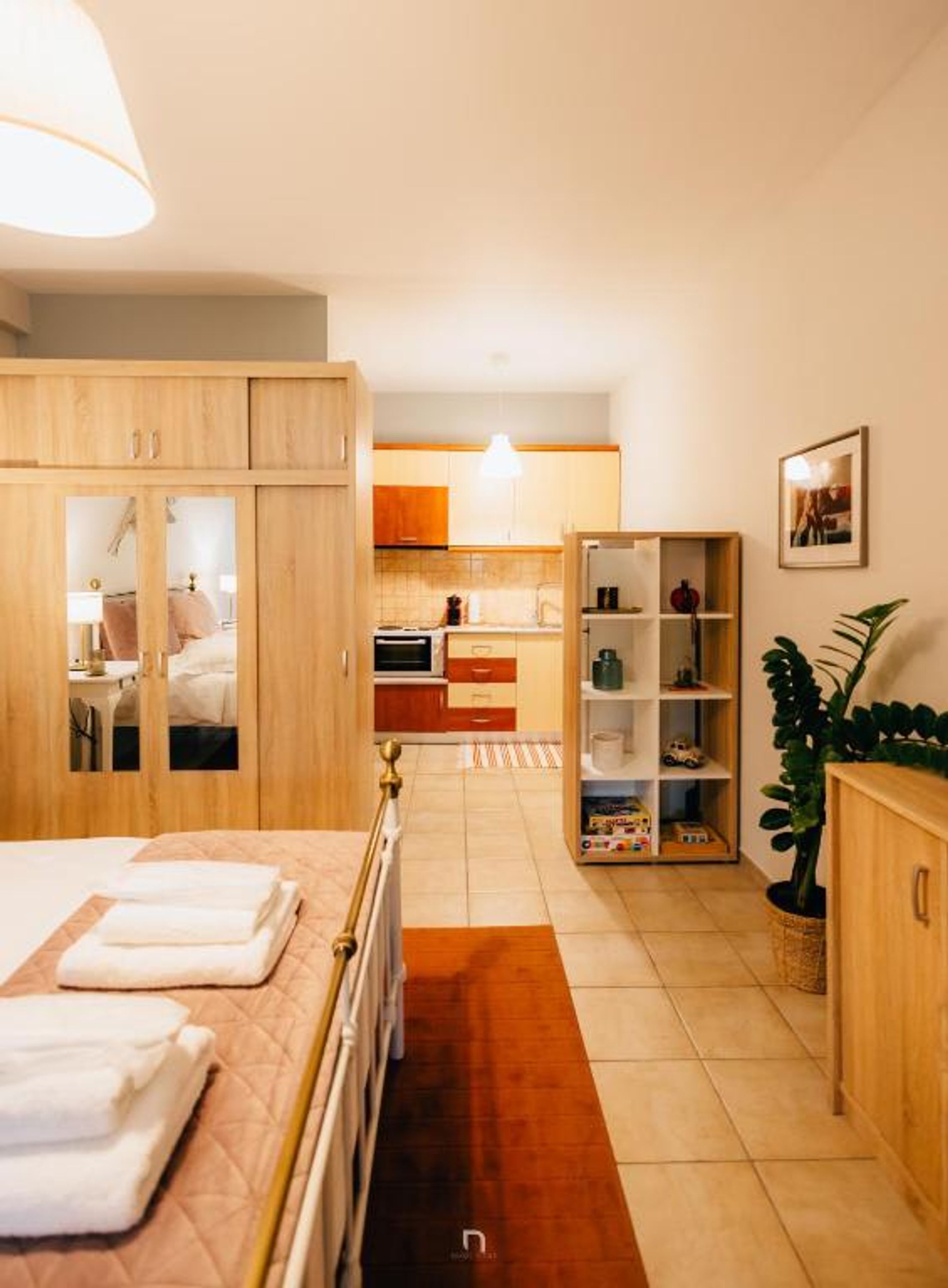 A hotel room with a bed, a wardrobe, a kitchenette, and a small plant.
