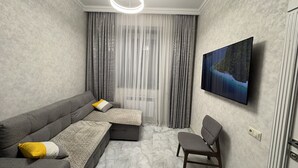 Ein modernes Wohnzimmer mit einem grauen Sofa, einem kleinen Tisch, einem Sessel, einem an der Wand befestigten Fernseher und einem Fenster mit durchsichtigen Vorhängen.