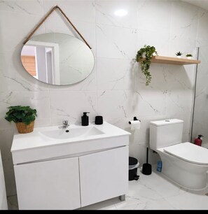 Dusche, Haartrockner, Handtücher, Seife