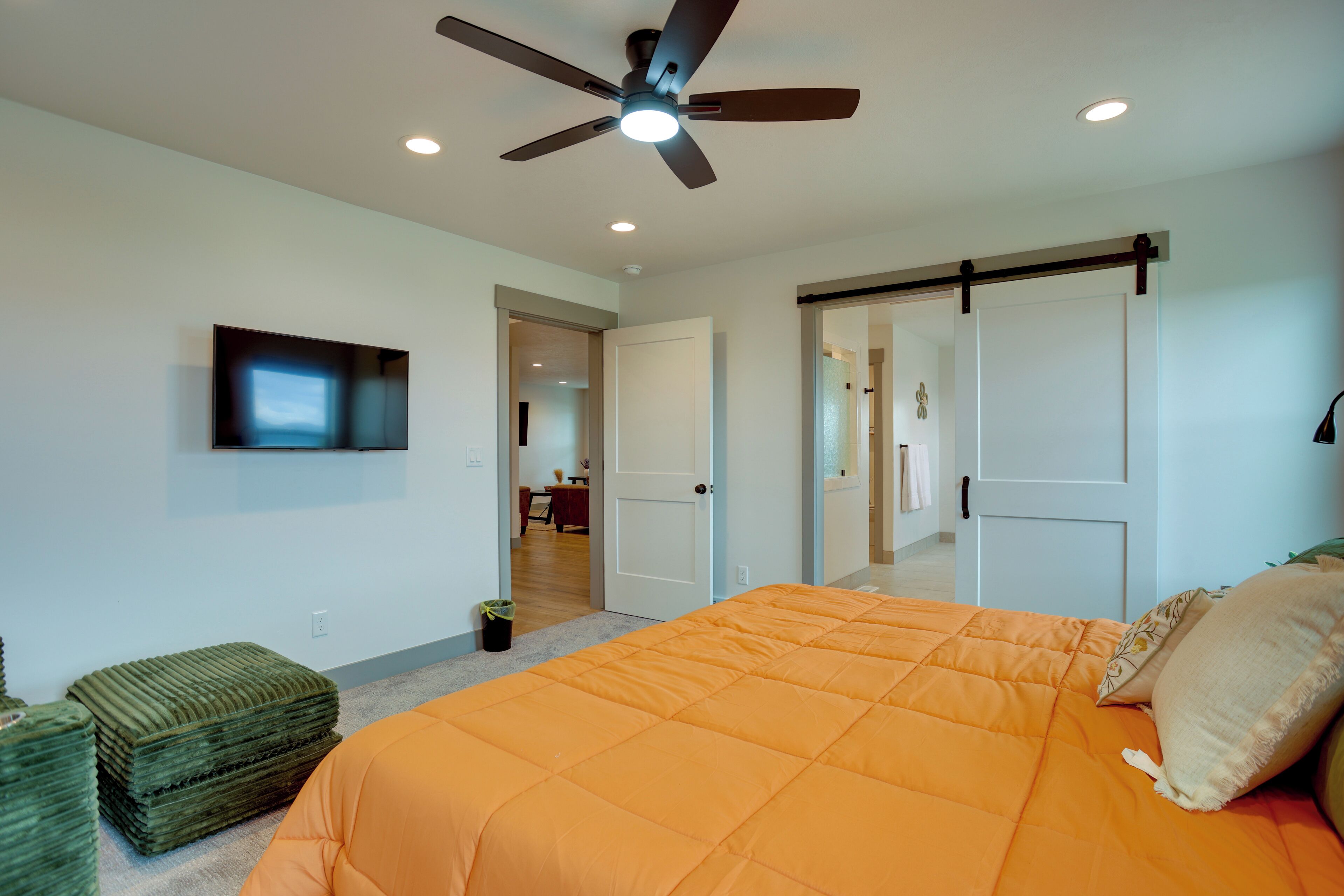 A bedroom with a bed, a ceiling fan, a TV, and a sliding door.