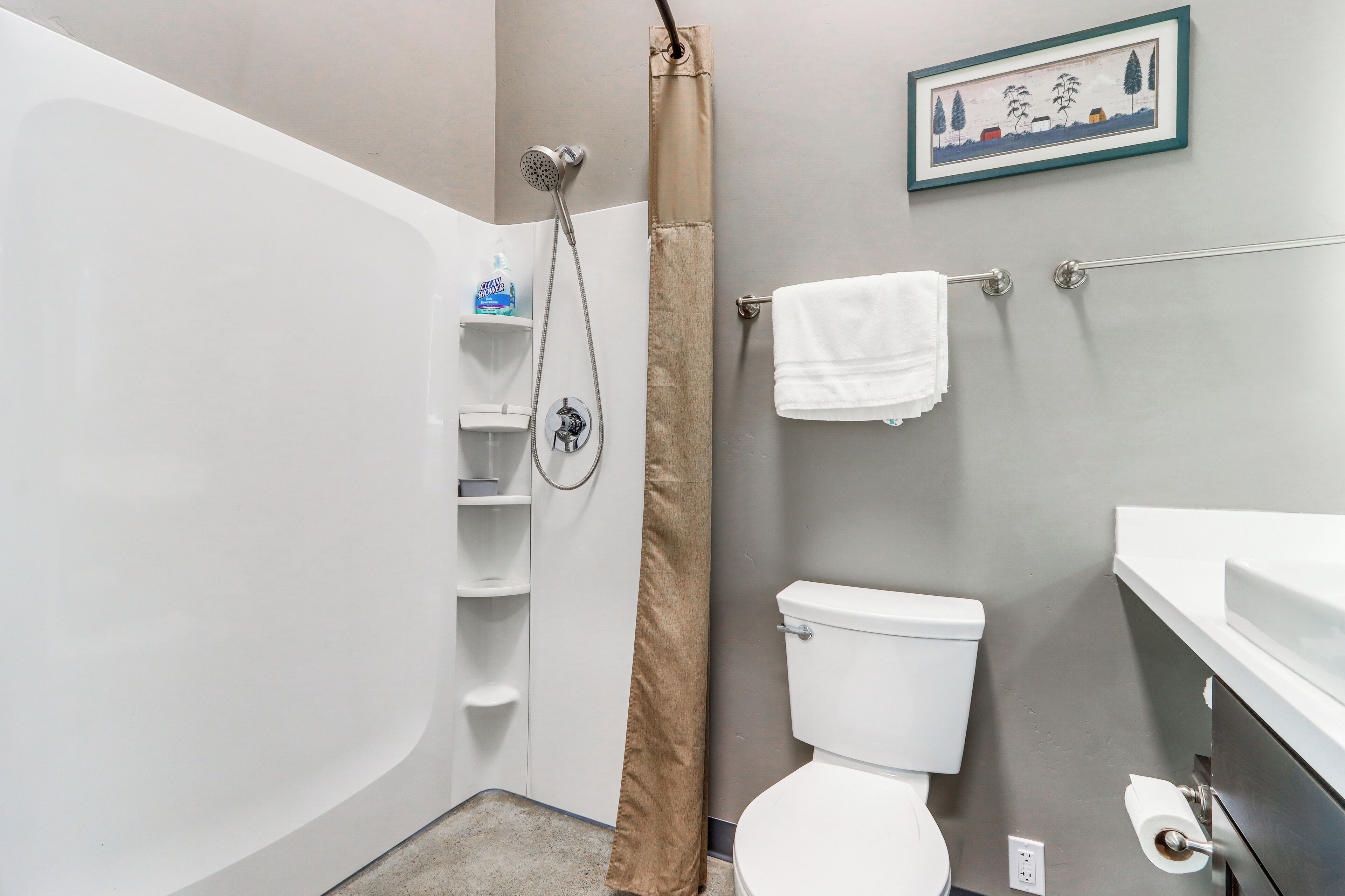 Ein Badezimmer mit Badewanne, Dusche, Toilette und einem gerahmten Bild an der Wand.