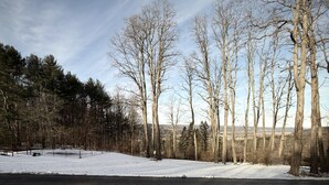 Two Adirondack chairs on a snow-covered ground with a view of a forest and a road in the background. - Finger Lakes, Wine Country, Modern Escape (Montour Falls)