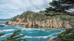 Un paysage côtier caractérisé par des falaises rocheuses, une végétation luxuriante et des eaux turquoise.