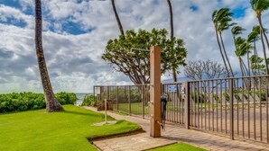 Una entrada cerrada con un camino que lleva a un césped verde exuberante, palmeras y vistas al océano.