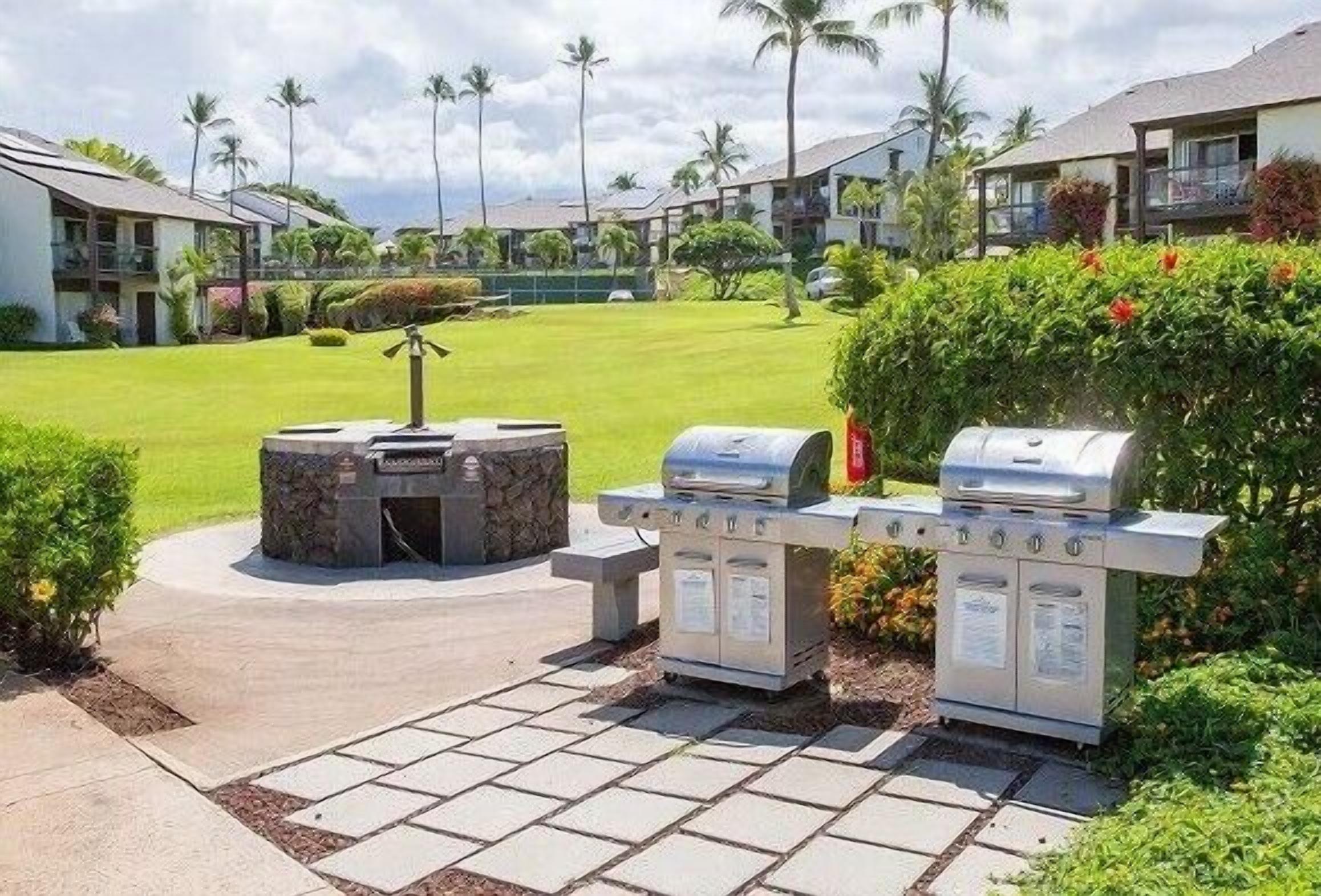 Un espace barbecue extérieur doté d’un foyer en pierre et d’un coin barbecue, le tout entouré d’une pelouse bien entretenue et de bâtiments résidentiels.
