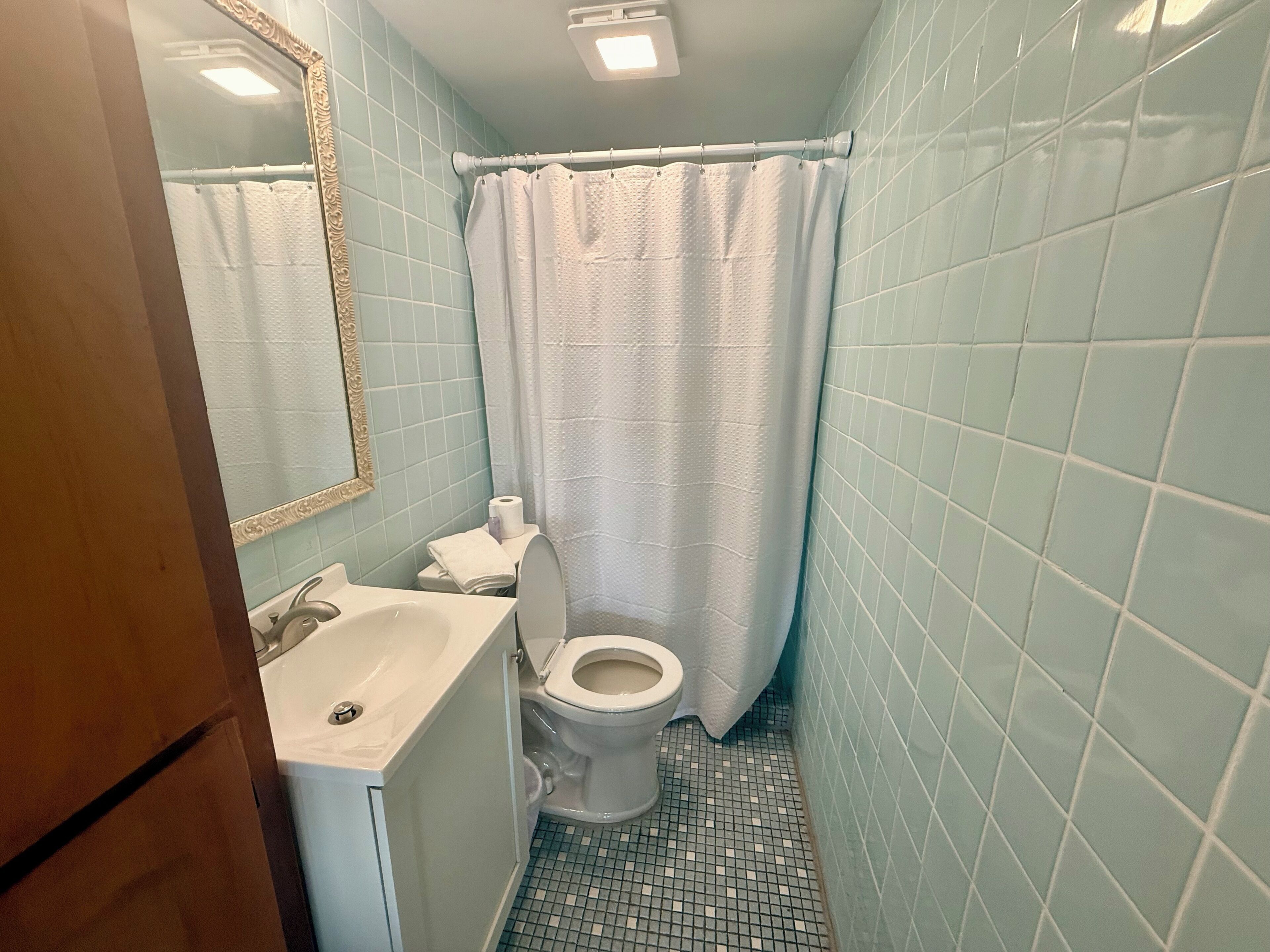 Un bagno con il water, un lavandino e una tenda per la doccia.