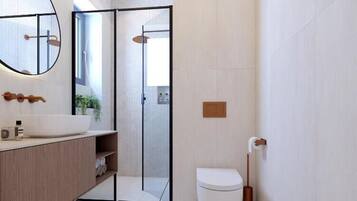 Shower, free toiletries, hair dryer, slippers