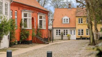 A cobblestone street with buildings featuring red and yellow facades, a staircase, and a tree.