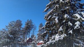 Un paisaje nevado con un edificio rojo, árboles cubiertos de nieve y un cielo azul despejado.
