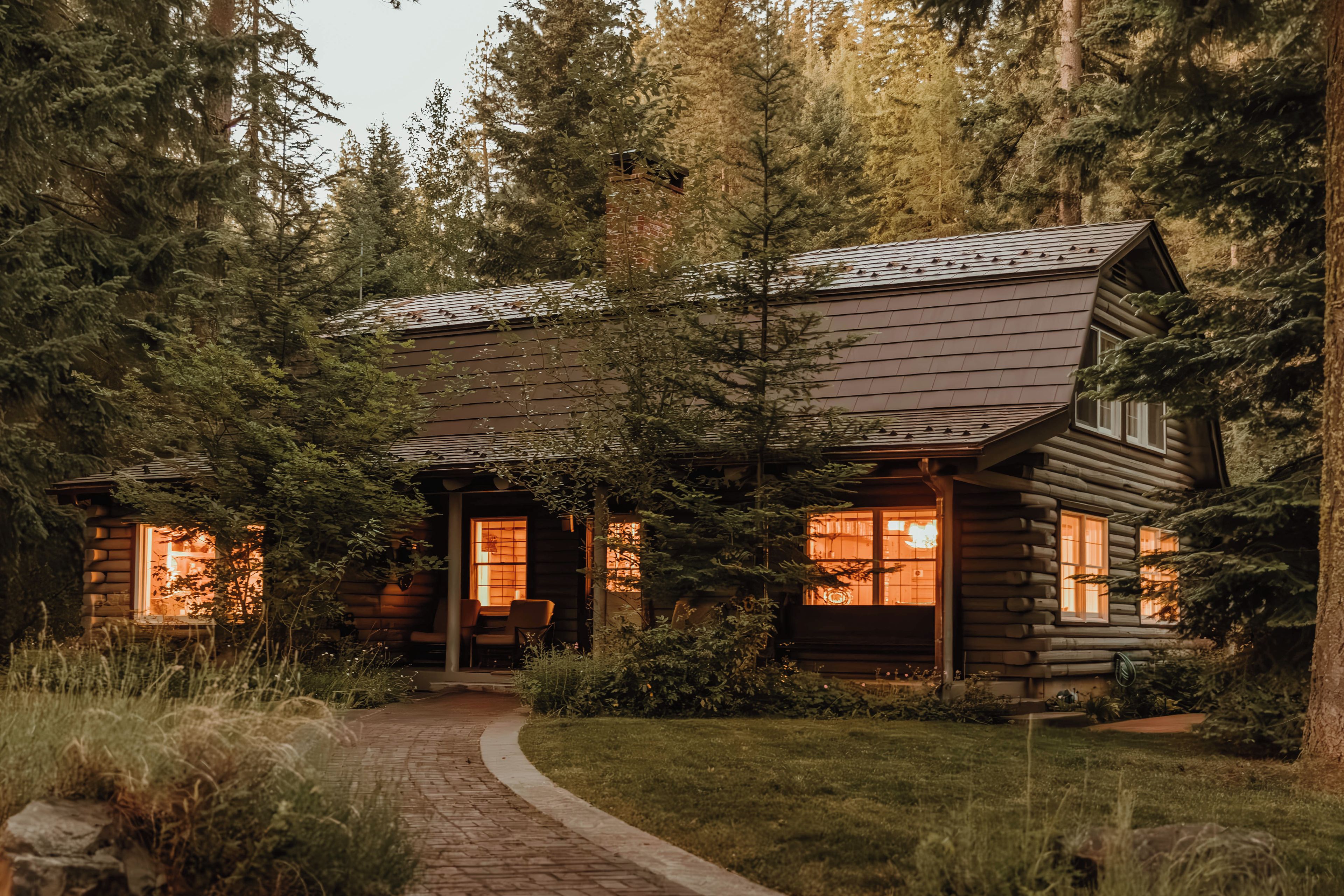 A log cabin with a brick pathway leading to the entrance, surrounded by dense forest.