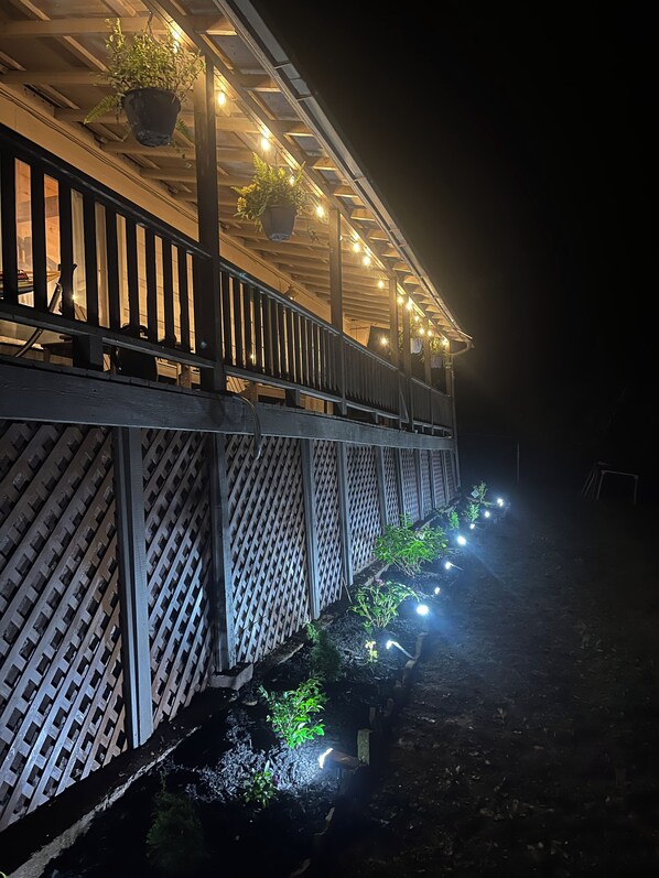 Un espace extérieur abrité, doté d’une rambarde en bois, de plantes en pot et de guirlandes lumineuses.